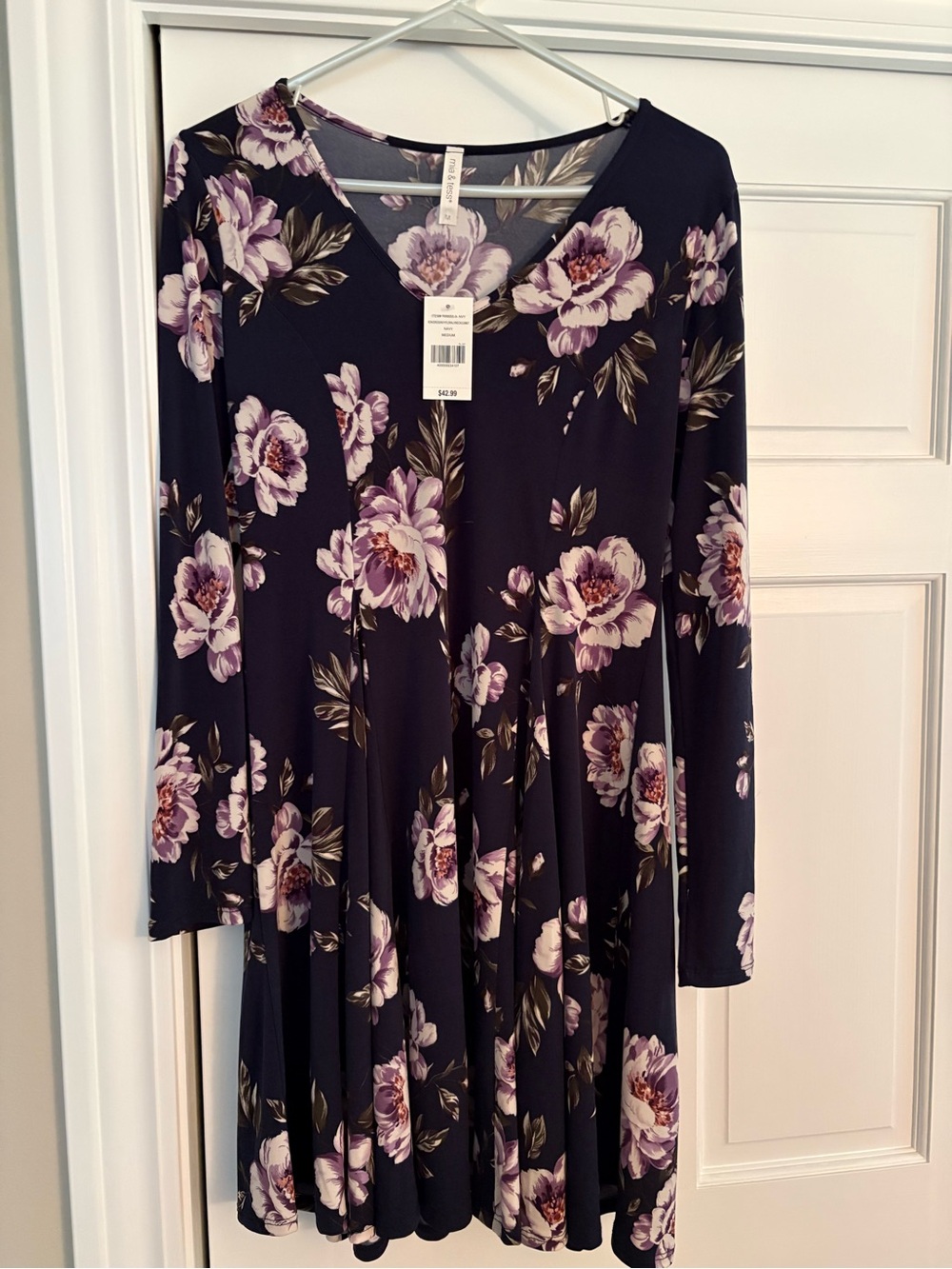 Floral V-Neck Long Sleeve Swing Dress - Black with Lavender Blooms